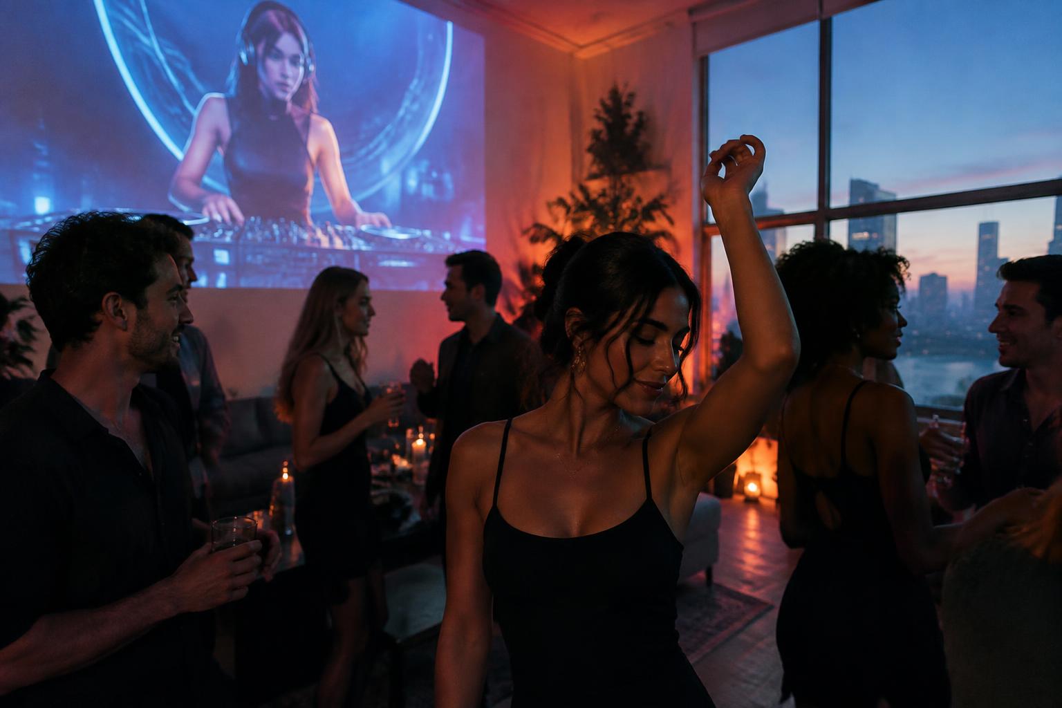 An intimate afterparty with an AI DJ projected on the wall
