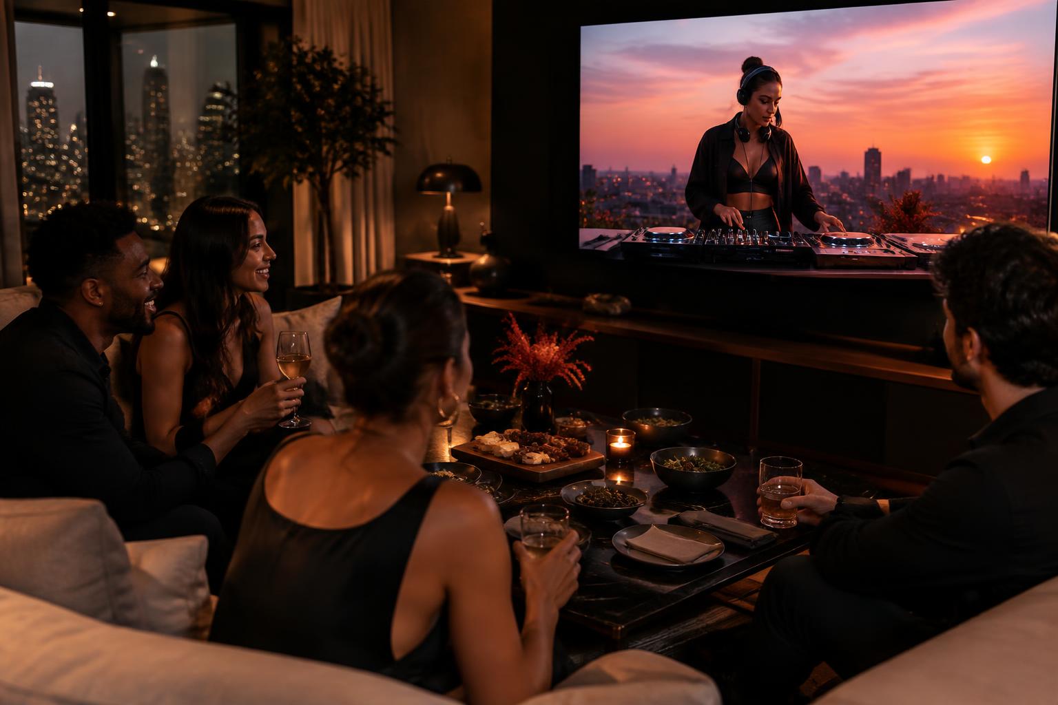Friends having dinner while an AI DJ plays on a large screen