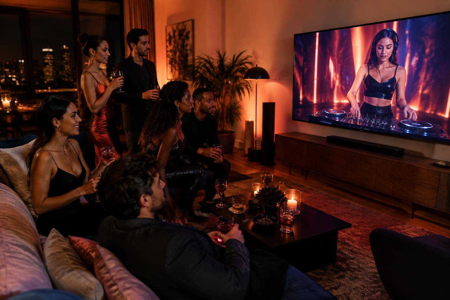 Friends watching an AI DJ perform on a television at a house party