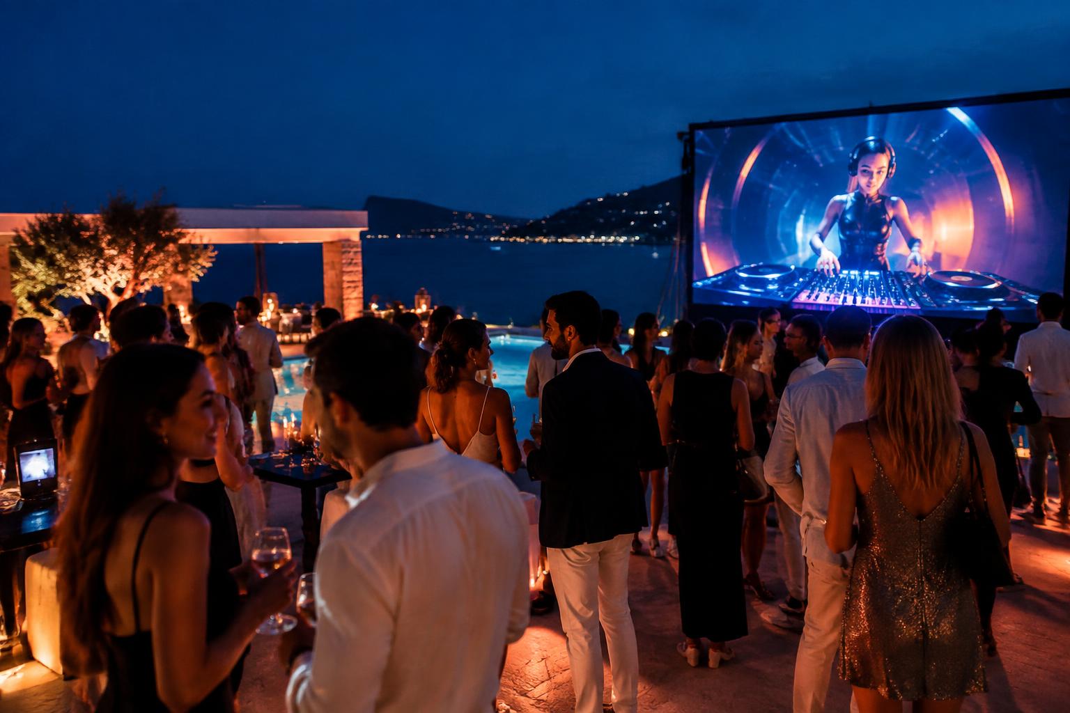 A Mediterranean villa party with an AI DJ on an outdoor screen